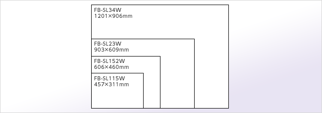 FB-SL34W（1201カケ906ミリメートル）、FB-SL23W（903カケ609ミリメートル）、FB-SL152W（606カケ460ミリメートル）、FB-SL115W（457カケ311ミリメートル）
