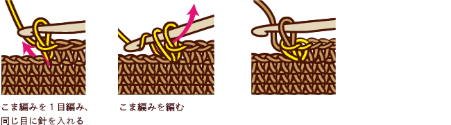 こま編み2目編み入れる