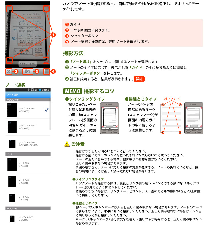 カメラでノートを撮影すると、自動で傾きやゆがみを補正し、きれ いにデータ化します。