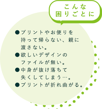 ●プリントやお便りを　持って帰らない、親に　渡さない。●欲しいデザインの　ファイルが無い。●中身が抜け落ちて　失くしてしまう…。●プリントが折れ曲がる。