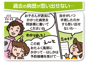 過去の病歴が思い出せない…　お子さんが過去にかかった病気を問診票に書いてくださいね　この前おたふく風邪にかかって…はしかは予防接種を受けて…　自分がいつ手術したのかすら思い出せないわ…