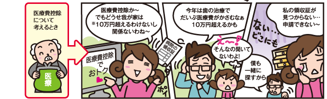 医療費控除について考えるとき 医療費控除か～でもどうせ我が家は※10万円超えるわけないし関係ないわね～ 今年は歯の治療でだいぶ医療費がかさむなぁ10万円超えるかも そんなの聞いてないわよ！ 私の領収証が見つからない…申請できない～ 僕も一緒に探すから