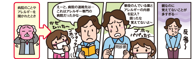 病院のことやアレルギーを聞かれたとき えーと、病院の連絡先は…これはアレルギー専門の病院だったかな… 普段のんでいる薬とアレルギーの内容を記入？困ったな覚えてないよ～ 親なのに覚えてないことが多すぎる…