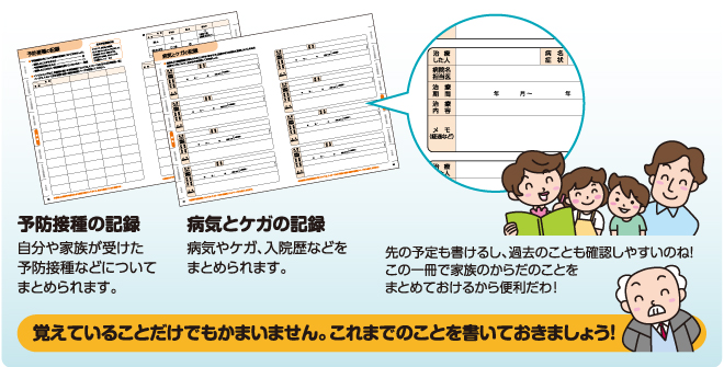 予防接種の記録 自分や家族が受けた予防接種などについてまとめられます。　病気とケガの記録 病気やケガ、入院歴などをまとめられます。　先の予定も書けるし、過去のことも確認しやすいのね！この一冊で家族のからだのことをまとめておけるから便利だわ！　忘れないうちに自分の分も家族の分も書いておきましょう！