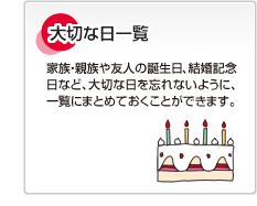 大切な日一覧 家族・親族や友人の誕生日、結婚記念日など、大切な日を忘れないように、一覧にまとめておくことができます。