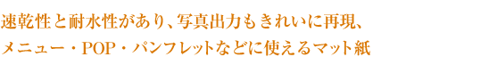 速乾性と耐水性があり、写真出力もきれいに再現。メニュー・POP・パンフレットなどに使えるマット紙