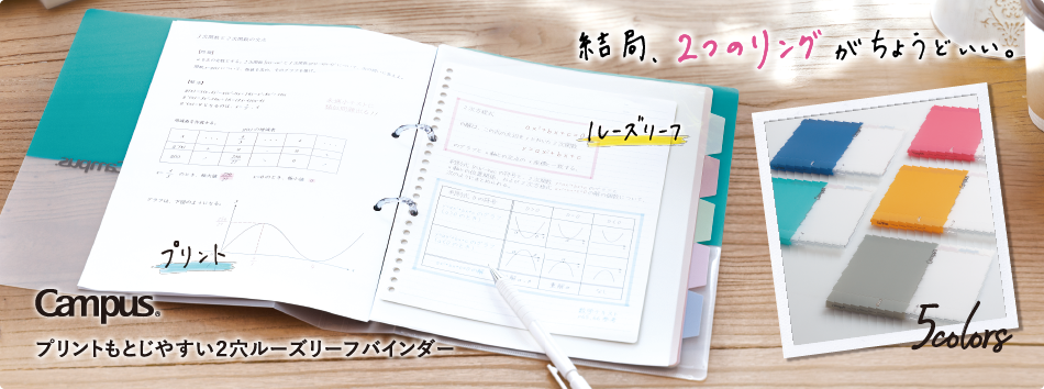 A binder that allows you to organize loose leaf and prints together, making it convenient for reviewing. 2 holes and straight ring for easy insertion and removal of loose leaves. There are two sizes: A4 and B5. Despite its thin spine, it can accommodate 100 sheets + 5 headings.