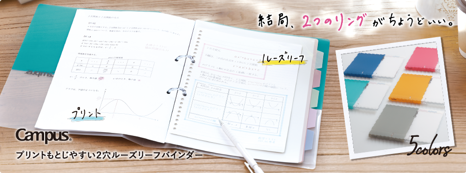 ルーズリーフとプリントを一緒に整理できて、復習に便利なバインダー。ルーズリーフも抜き差ししやすい２穴＆まっすぐリング。サイズはA4とB5の2種類。薄い背幅なのに１００枚＋５山見出し収容可能。