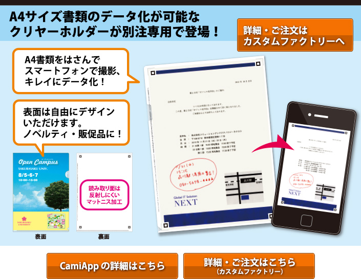 A4サイズ書類のデータ化が可能なクリヤーホルダーが別注専用で登場！