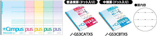 キャンパスノート〈スマートキャンパス〉(5色パック) / 普通横罫(ドット入り):ノ-GS3CATX5 / 中横罫(ドット入り):ノ-GS3CBTX5