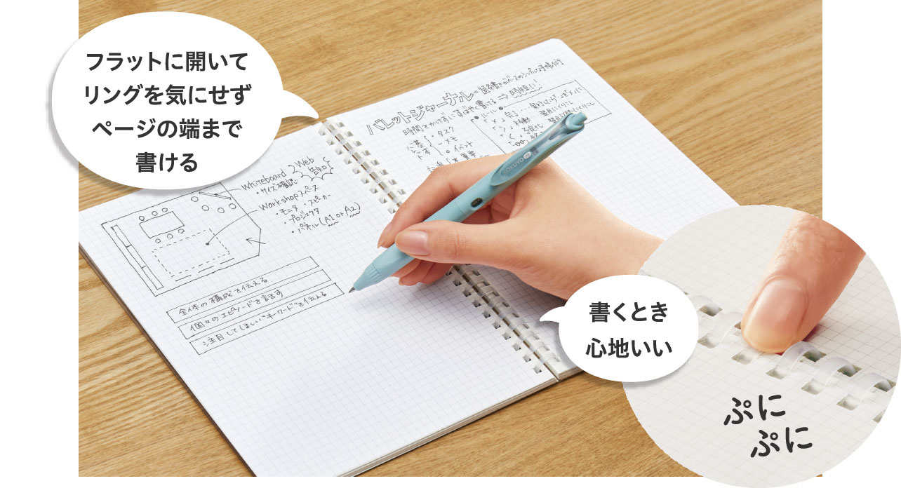 やわらかリング採用。1年分のノートと手帳がこれ1冊に！