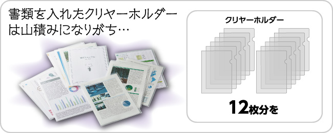 書類を入れたクリヤーホルダーは山積みになりがち…