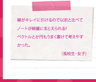 線がキレイに引けるので以前と比べてノートが綺麗にまとえられる！ベクトルとか円もうまく書けて考えやすかった。（高校生・女子）