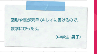 It's perfect for mathematics because you can draw figures and tables quickly and neatly. (Junior high school student/male)