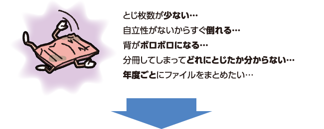 とじ枚数が少ない…自立性がないからすぐ倒れる…背がボロボロになる…分冊してしまってどれにとじたか分からない…年度ごとにファイルをまとめたい…