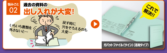 悩みごと02 過去の資料の出し入れが大変！：これで解決！！→ガバットファイル〈ツイン〉（活用タイプ）