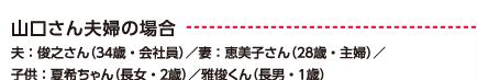 山口さん夫婦の場合 夫：俊之さん（34歳・会社員）/ 妻：恵美子さん（28歳・主婦）/子供：夏希ちゃん（長女・7歳）/ 雅俊くん（長男・4歳）