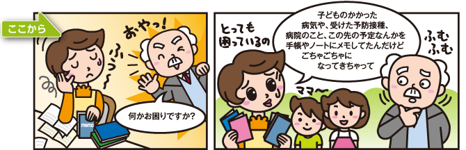 ここから 何かお困りですか？ 子どものかかった病気や、受けた予防接種、病院のこと、この先の予定なんかを手帳やノートにメモしてたんだけどごちゃごちゃになってきちゃって