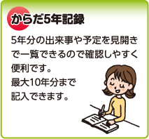 からだ5年記録　5年分の出来事や予定を見開きで一覧できるので確認しやすく便利です。最大10年分まで記入できます。