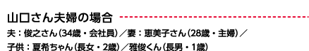 山口さん夫婦の場合 夫：俊之さん（34歳・会社員）/ 妻：恵美子さん（28歳・主婦）/子供：夏希ちゃん（長女・7歳）/ 雅俊くん（長男・4歳）