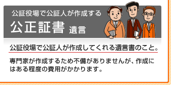 公証役場で公証人が作成する公正証書遺言 公証役場で公証人が作成してくれる遺言書のこと。 専門家が作成するため不備がありませんが、作成にはある程度の費用がかかります。