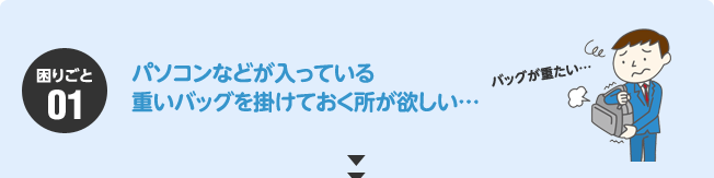 困りごと01：パソコンなどが入っている重いバッグを掛けておく場所が欲しい、、、