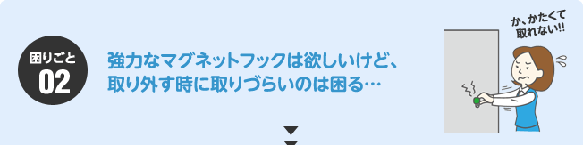 困りごと02：強力なマグネットフックは欲しいけど、取り外すときに取りづらいのは困る、、、