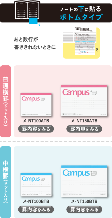 ノートの下に貼るボトムタイプ：あと数行が書ききれないときに