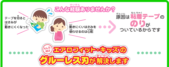 こんな経験ありませんか? テープを切るとはさみが動きにくくなった 動きにくいはさみを使わせるのは心配 原因は粘着テープののりがついているからです。