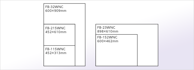FB-32WNC（600カケ909ミリメートル）、FB-215WNC（452カケ610ミリメートル）、FB-115WNC（452カケ313ミリメートル）、FB-23WNC（898カケ610ミリメートル）、FB-152WNC（600カケ462ミリメートル）