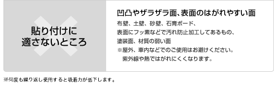 貼り付けに適さないところ： 凹凸やザラザラ面、表面のはがれやすい面・布壁 ・土壁 ・砂壁 ・石膏ボード・表面にフッ素などで汚れ防止加工してあるもの ・塗装面、材質の弱い面　※屋外、車内などでのご使用はお避けください。紫外線や熱ではがれにくくなります。※何度も繰り返し使用すると吸着力が低下します。