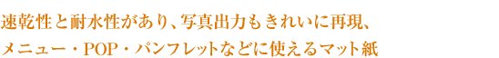 速乾性と耐水性があり、写真出力もきれいに再現。メニュー・POP・パンフレットなどに使えるマット紙 速乾性と耐水性があり、写真出力もきれいに再現。メニュー・POP・パンフレットなどに使えるマット紙