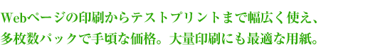 Webページの印刷からテストプリントまで幅広く使え、多枚数パックで手頃な価格なので大量印刷にも最適な用紙。 Webページの印刷からテストプリントまで幅広く使え、多枚数パックで手頃な価格なので大量印刷にも最適な用紙。